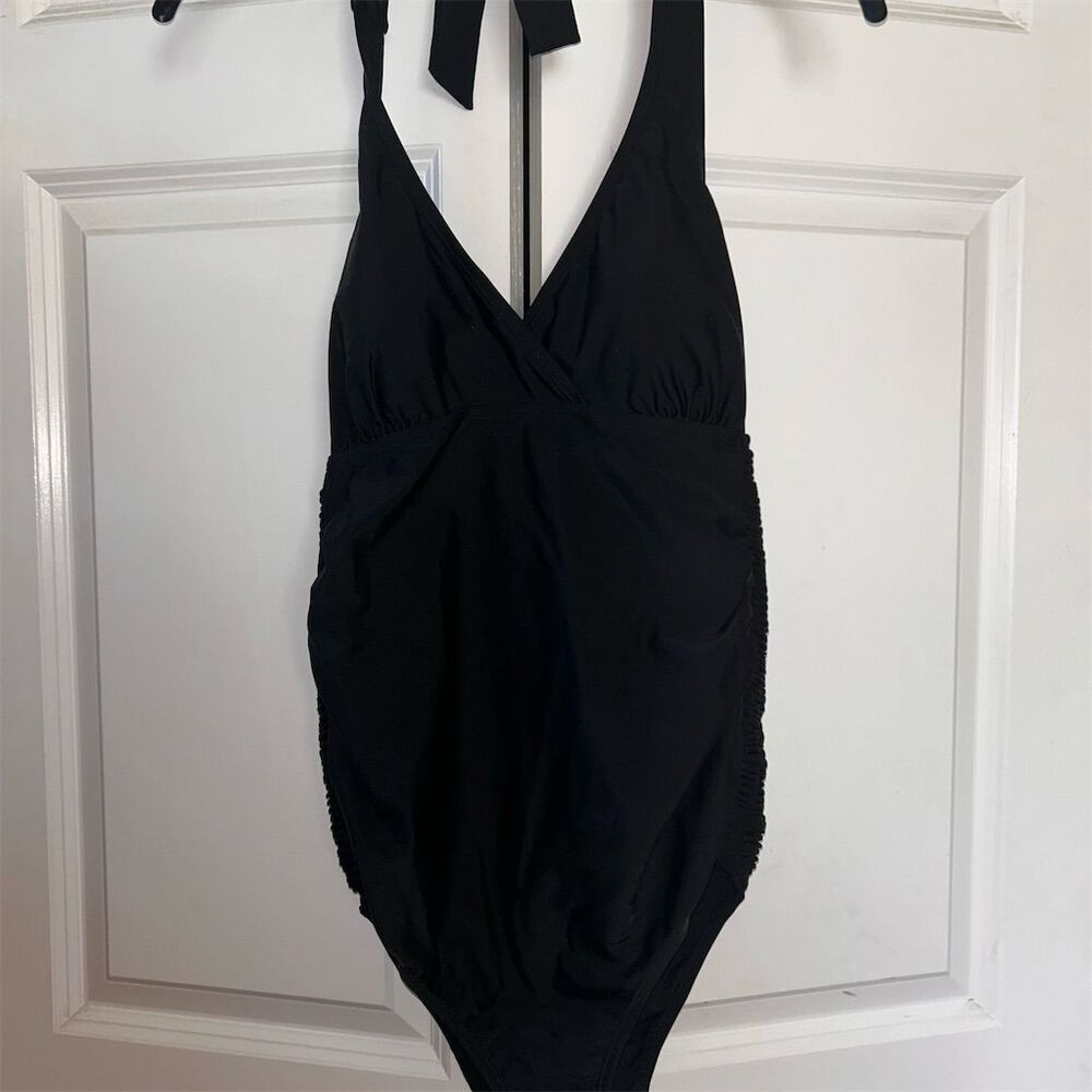 Beach Bump by Motherhood Maternity One Piece Swimsuit Black Ruched Halter Size S